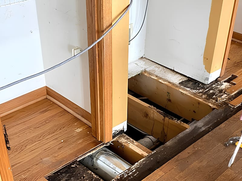 Subfloor repair exposed near a doorway