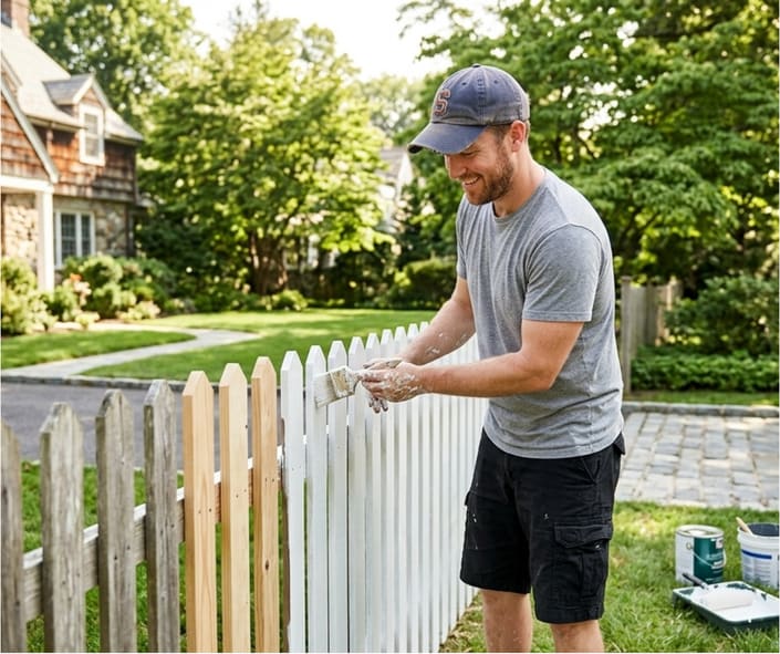 A1 Pro Handyman technician staining a fence